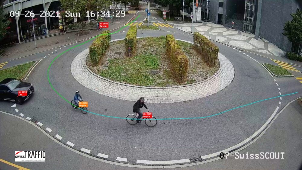 Cyclists in the traffic circle do not let themselves be pushed away